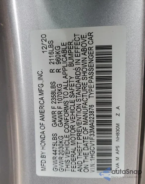 2021 Honda Accord Sport z USA, uszkodzony, nr VIN 1HGCV1F33MA023876